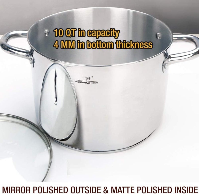 HOMICHEF 10 Quart Stock Pot With Glass Lid - Nickel Free Stainless Steel 10 Qt Pots With Handle - Mirror Polished StockPot 10 Quart - Induction Cooking Pots With Lid - Healthy Soup Pot - Image 2
